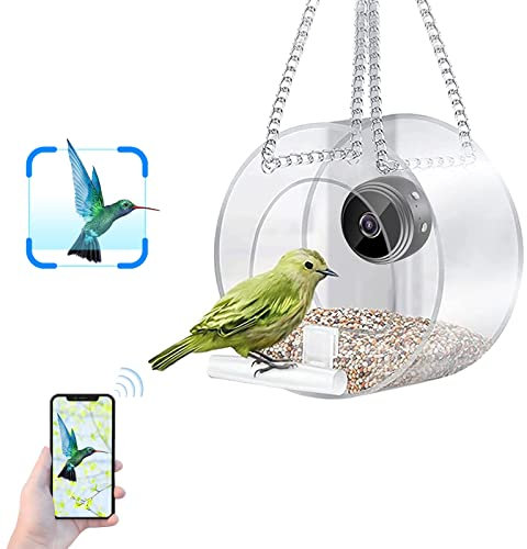 Window Bird Feeder with Camera, Clear Bird House with HD 1080P Camera, Small Hanging Bird Feeders mit Smart Camera for Outside Outdoor Garden Wild Bird Watching Photo Taking Video Recording (Round)
