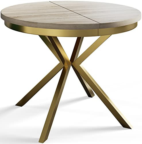 AlpiMeble Runder Esszimmertisch BERGO, ausziehbarer Tisch Durchmesser: 100 cm/180 cm, Wohnzimmertisch Farbe: Beige, mit Metallbeinen in Farbe Gold
