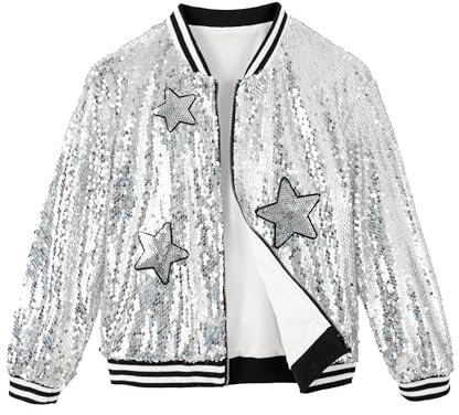 LOLANTA Girls Sequin Bomber Jacket with Pockets Zipper Long Sleeve Sparkle Baseball Jackets, Silver, 6-7 Years, 130
