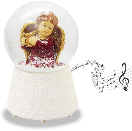 Schneekugel Weihnachten Spieluhr | Engel rot mit Harfe Gold | Ornament Sockel weiß | Höhe 140mm Breite 100mm | Spieluhr | 20217