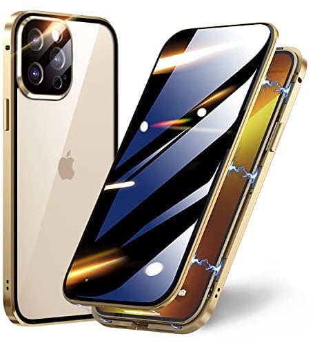 TOPF&B Case for iPhone 13 Pro Max Privacy Magnetic Cover,Privacy Screen Protector Built-in Tempered Glass and Camera Protector,360 Degree Metal Bumper Case for iPhone 13 Pro Max,Gold