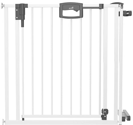 GEUTHER Easylock Treppenschutzgitter Weiß mit Zusatzklemme | Baby Gitter in Extra Hoch | 2 x Zusatzklemmen Grau | Schwenkbares Treppengitter ohne Bohren | Klemmgitter Treppen | Breite: 84,5-92,5 cm