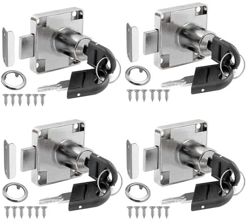 Security Cabinet Lock, 4 PCS Zinc Alloy Cam Lock, Furniture Cabinet, Cylinder Security Cupboard for Furniture Cabinet Mailbox Drawer Household Office 44 x 27 mm Silver