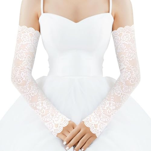 FloralGrace 1 Stück Weiß Spitze UV-Schutz Armstulpen für Damen, Lange Fingerlose Armstulpen Spitze Hochzeit Handschuhe