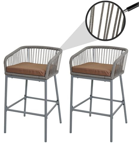 Lot de 2 tabourets de Bar Rope HWC-O22, Tabouret de Bar, Outdoor Assise rembourrée Corde tressée métal - Gris Clair, Coussin Taupe