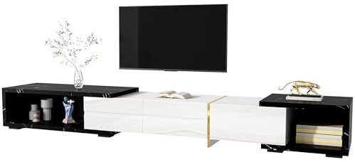 Meuble TV moderne avec longueur variable de 140 à 260 cm, fonction rotative pour un alignement flexible, surface aspect marbre élégante, façade brillante, corps mat, doré (blanc + noir)