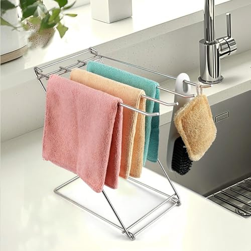 wdsilkbo Foldable Stainless Steel Dish Cloth Rack – 4-Arm Countertop Towel Holder Stand, Free Standing Hand Towel Drying Rack for Kitchen and Bathroom, Space Saving Dishcloth Organizer (Silver)
