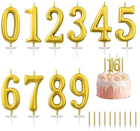 20 Stück Gold Geburtstagskerzen Set, für Geburtstag Kuchen Dekorationen | 10 Stück Geburtstag Kuchen Zahl Kerzen Nummer 0-9 und 10 Stück Gold Spirale Kuchen Kerzen mit Halter