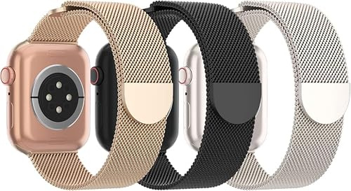 3 Pack de bracelet Compatible avec Apple Watch en acier inoxydable, bracelet milanais magnétique ajustable pour femmes, Series 1 à 11, SE et Ultra (38 à 49 mm)