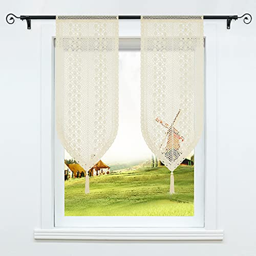 CORLIF Vintage Scheibengardine Landhausstil Häkeln Stricken Handgemacht Beige Gardinen mit Quaste,Boho Baumwolle Leinen Wohnzimmer Vorhang BxH 40x60cm 2 Stück