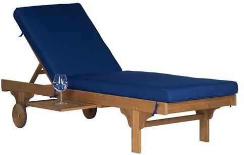 SAFAVIEH Outdoor Collection Newport Natural/ Navy Cushion Built-in Side Table Adjustable Chaise Lounge Chair