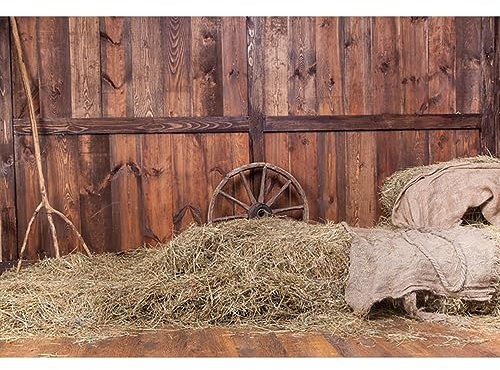 YongFoto 3x2m Vinyle Toile de Fond Ancien Hayloft en Bois intérieur Coin du Conseil de Foin Vieille Roue Fond Décors Studio Photo Video Fete Photobooth Photographie Props