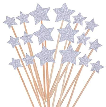 Decoración para tartas, 50 paquetes de palillos de decoración para magdalenas con estrella para bodas, cumpleaños, fiestas, pájaros carpinteros de frutas, comida y varita de plata 9,2 cm