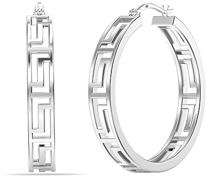 LeCalla 925 Sterling Silber griechischen Schlüssel Muster Creolen Ohrringe | Medium Leichtgewicht griechischen Wand Cut-Out Creolen für Frauen - 30MM