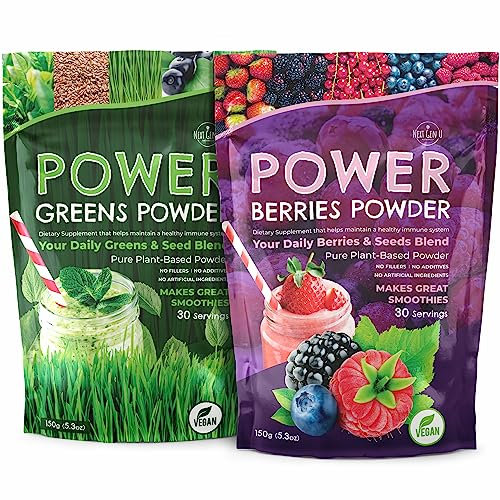 Superfood Greens Powder & Berries Powder Dietary Supplements - for Immune Support - 150 g Pouches - Super Smoothie Mix for Juice & Shakes - Powdered Acai & Flaxseed Blends for Health - by NextGenU