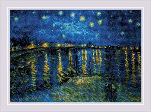 RIOLIS 1884 Sternennacht über der Rhône nach Van Gogh Kreuzstich-Set | 38 x 26 cm, 10 ct weiß Zweigart Aida, 27 Wolle/Acryl Farben, Mittelstufe, Stickvorlage & Nadel inklusive