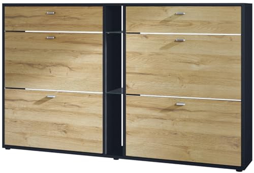 Vladon Schuhschrank Schuhkipper Today 155,5 x 95 x 28 cm, Made in Germany, Korpus in Schwarz matt, Fronten in Eiche Natur