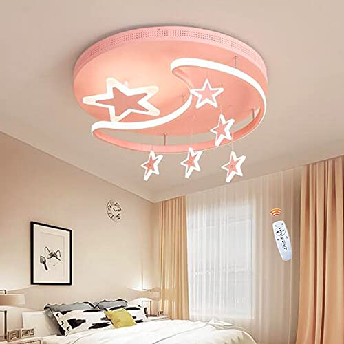 FUMIMID Kinderlampe LED Deckenleuchte Dimmbar Mit Fernbedienung Sterne Mond Hangend Deckenlampe Moderne Mädchen Jungen Schlafzimmerlampe Babyzimmer Kinderzimmer Wohnzimmer Kronleuchter,Rosa,52cm