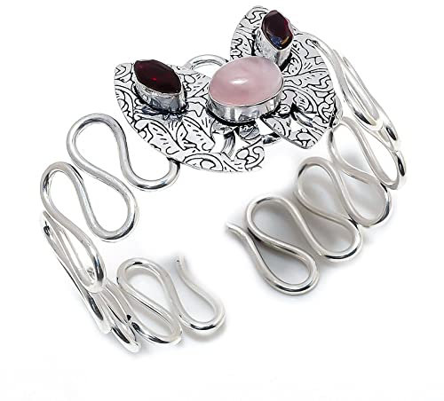Bracelet réglable en quartz rose et grenat fait main plaqué argent sterling