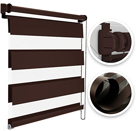 Estika Doppelrollo Montage ohne Bohren - Stoffbreite: 100 cm, Höhe: 150 cm, Farbe: Braun - Tag und Nacht Duo Rollo