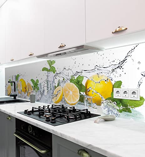 MyMaxxi Küchenrückwand Folie selbstklebend matt Versteift - einfache Montage ohne Bohren - Motiv Zitrone - 60cm hoch - Spritzschutz Küche Klebefolie - Obst Blätter 340 x 60cm