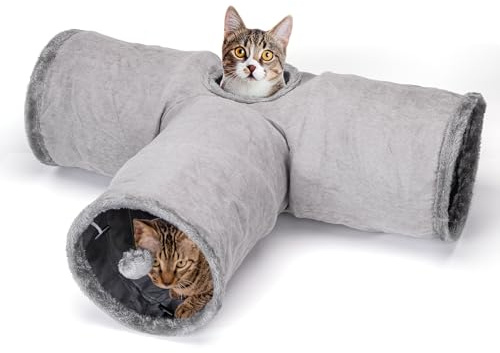 Nobleza 3 Way Collapsible Cat Tunnel Toy, Cat Tunnels in Suede for Indoor Adult Cats, Large Cats Play Tube Tunnel with Suspended Ball Peek Hole Crinkle Sound for Rabbit Kitten, D25*L80*W30cm, Gray