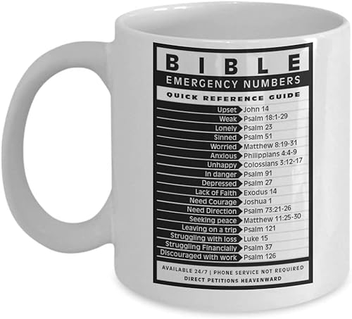 Crunchy Carrots Bible Emergency Numbers Mug Cup -Christian Bible Quote Coffee Mug Cup - Funny Bible Emergency Numbers Cup (White)