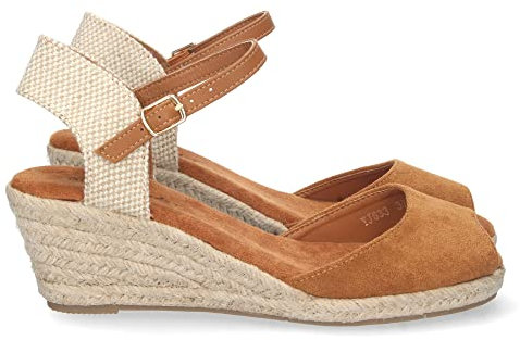 70801 Sandalia de Cuna para Mujer, Estilo Valenciana, Forrada de Yute, Pala Abierta, y Cierre de Hebilla, Primavera Verano 2023 Camel Talla 36