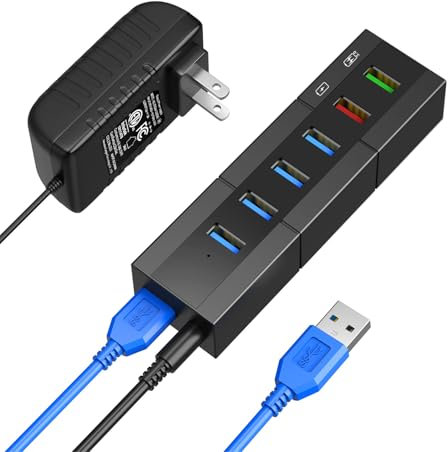 RAOYI 6 Ports USB 3.0 Hub Splitter High Speed USB 3.0 with 24W Power Adapter, 3.3ft Cable and Smart Fast Charger USB Hub for Laptop, PC, Mac, Mobile Hard Drive,