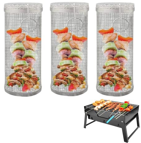 Rolling Grillkorb Edelstahl Rotisserie Grillhalter Grill Korb Zylinder Grillkorb Grill Rack BBQ Zubehör für Gemüse, Fisch, Fleisch, Grillen, Camping-Essentials (3 Stücke)