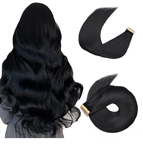 HotLulana Tape Extensions Echthaar Tief Schwarz Extensions Echthaar 24zoll/60cm 40Pcs 100g Skin Weft 100% Natürliche Tape in Extensions Echthaar Invisible Echthaar Extensions Tape #1.