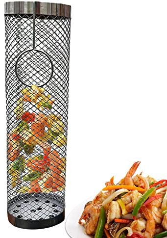 Fulenyi barbacoa | Cestas parrilla cilíndricas para verduras – Rolling Grill Asador BBQ cesta para verduras, maní patatas fritas cesta Rolling Vegetal barbacoa