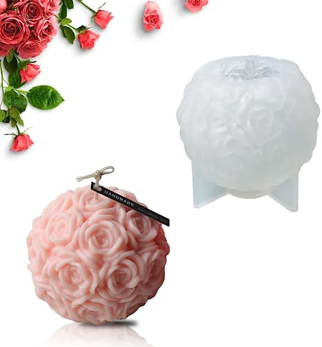DUBENS Große Rosenkugel-Kerzenformen, 3D-Rosenblüten-Silikonformen, 3D-romantische Aromakerzen-Seifenform für Valentinstag-Ton-Epoxidharz-Hochzeit Heiratsantrag