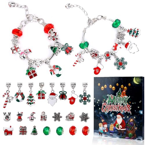 24 Weihnachts Countdown Armbänder Maker Kit für Weihnachts Countdown Adventskalender 24 Tage DIY Weihnachtsarmband Geschenk 22 Charm-Perlen und 2 Armbänder für Kinder