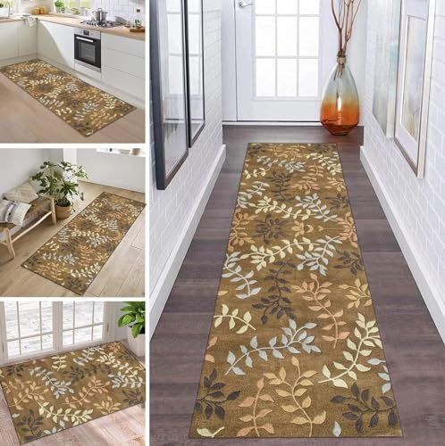 Teppich Läufer Flur Küche rutschfest waschbar Teppichläufer Lang 3D Braun Blumen 60X250CM Modern Design Meterware Korridor Tepiche Esszimmer Schlafzimmer Wohnzimmer Schmutzfangmatte Küchenteppich
