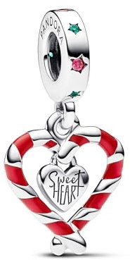 PANDORA Moments Doppelte Zuckerstange Herz Weihnachts-Charm-Anhänger aus Sterling Silber, Kompatibel Moments Armbändern, 792822C01
