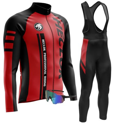 Uomo Ciclismo Autunnale Complet Abbigliamento Ciclismo Set Manica Lunghi Tuta Ciclismo+Pantaloni Ciclismo con 9D Imbottitura in Gel+Occhiali Antivento da Ciclismo (TYP-7,XL)