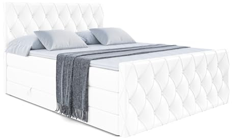 ALTDECOR Boxspringbett mit Matratze und Lattenrost, Topper, Fußteil, Polsterbett mit Bettkasten, Bett mit Stauraum H3- und H4- Matratze,Springboxbett - Amay King - 180x200 Weiß Kunstleder