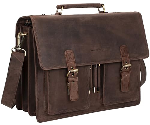 Marc Peter Amsterdam Aktentasche Leder XL Lehrertasche mit Laptopfach 15,6 Zoll große Ledertasche zum Umhängen Trolley aufsteckbar Braun Hunter