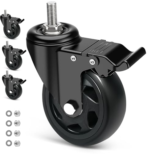 RRIUTO Ruote per Carrello 125MM con Freno, Ruote per Mobili con Perno Filettato M12 X 25 mm (1/2 x 1), Ruote Girevoli Rotazione a 360° e Antigraffio, 4 Rotelle per Carichi Pesanti Capacità 650KG