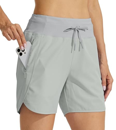 WILLIT Damen Shorts Sporthose Kurz Laufhose Sommer Laufshorts Wanderhose Schnelltrockene High Waisted Fitness Sport Running Reißverschlusstasche 5 Hellgrau M