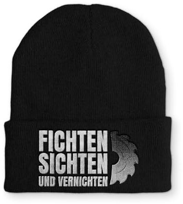 tshirtladen Beanie mit Stick OneSize Mütze Fichten Sichten und Vernichten lustige Spruchmütze Strickmütze Wintermütze, Farbe: Black