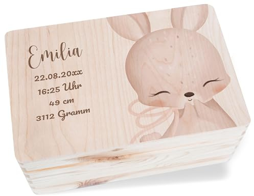 Shirtracer Erinnerungsbox Baby personalisiert Hase Datum Uhrzeit | Holz, 30x20x14 cm, Holzkiste, Erinnerungsschachtel, Aufbewahrungsbox, Geschenkebox, Kartenbox