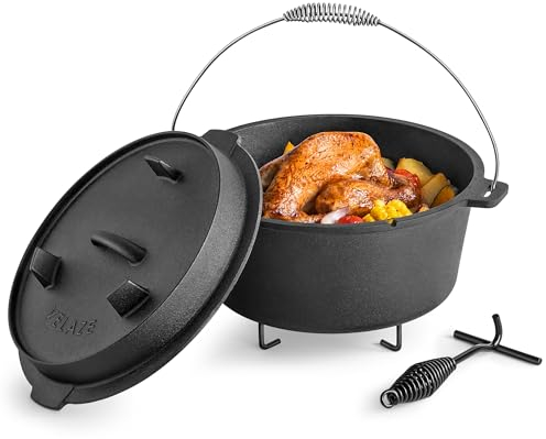 Velaze Dutch Oven Set, pentola in ghisa 2 in 1 da 9,5 litri con fodera e coperchio, pentola di coccio con coperchio a doppia funzione e padella, pentola in ghisa da campeggio