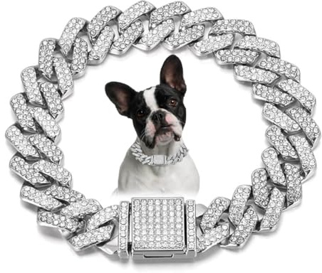 Silbernes Hundekettenhalsband, Bling Diamant Kubanisches Kettenhalsband für Hunde mit Glitzer und Strass für kleine, mittlere und große Haustiere, 40,6 cm