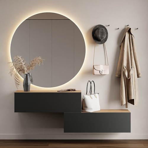 Planetmöbel Flurgarderobe 2X 100 cm inkl. Spiegel rund mit Beleuchtung 100 cm, Gold Eiche - Anthrazit, Flur Möbel mit Spiegel, 2X 37,8T x 100B x 32,5H cm