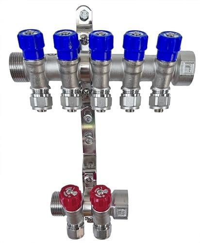 AQUA HEATING Wasserverteiler Set Verteiler Warmwasser Kaltwasser Trinkwasser Heizung Industrie Wasseranschluss Messing Vernickelt 1 Zoll 16x2 mm PEX 5 Wege Blau 2 Wege Rot