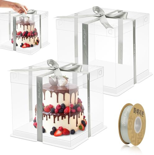 2 Stück Tortenbox, 30x30x25 cm Transparent-Kuchen Transportbox mit Deckel und 45 m Schleifenband,bietet Platz für eine doppelschichtige Torten,Geschenkbox geeignet für Geburtstagsfeiern und Hochzeiten