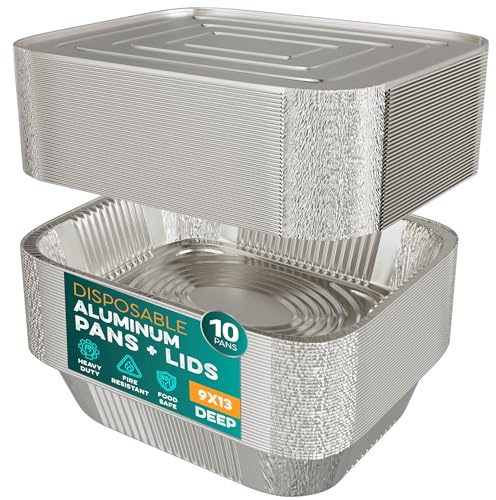 Aluminum Pans With Lids 9x13 [10 Sets] Aluminum Foil Pans Trays With Lids - Half Size Tin Foil Disposable Pans For Baking, Roasting, Cake Serving Dishes, Catering Supplies, Steam Table Chafing