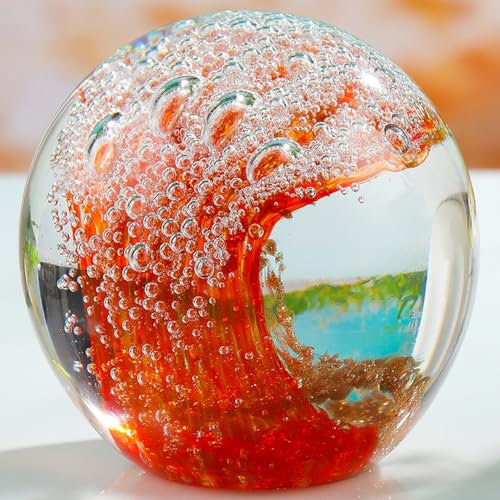 Mundgeblasene Glasfiguren Kugel Ozeanwellen Briefbeschwerer Glaskugel für Ozeanliebhaber Rot mit Goldlicht und Weiß Bubble Ball Dekoration für Home Office und Aquarium